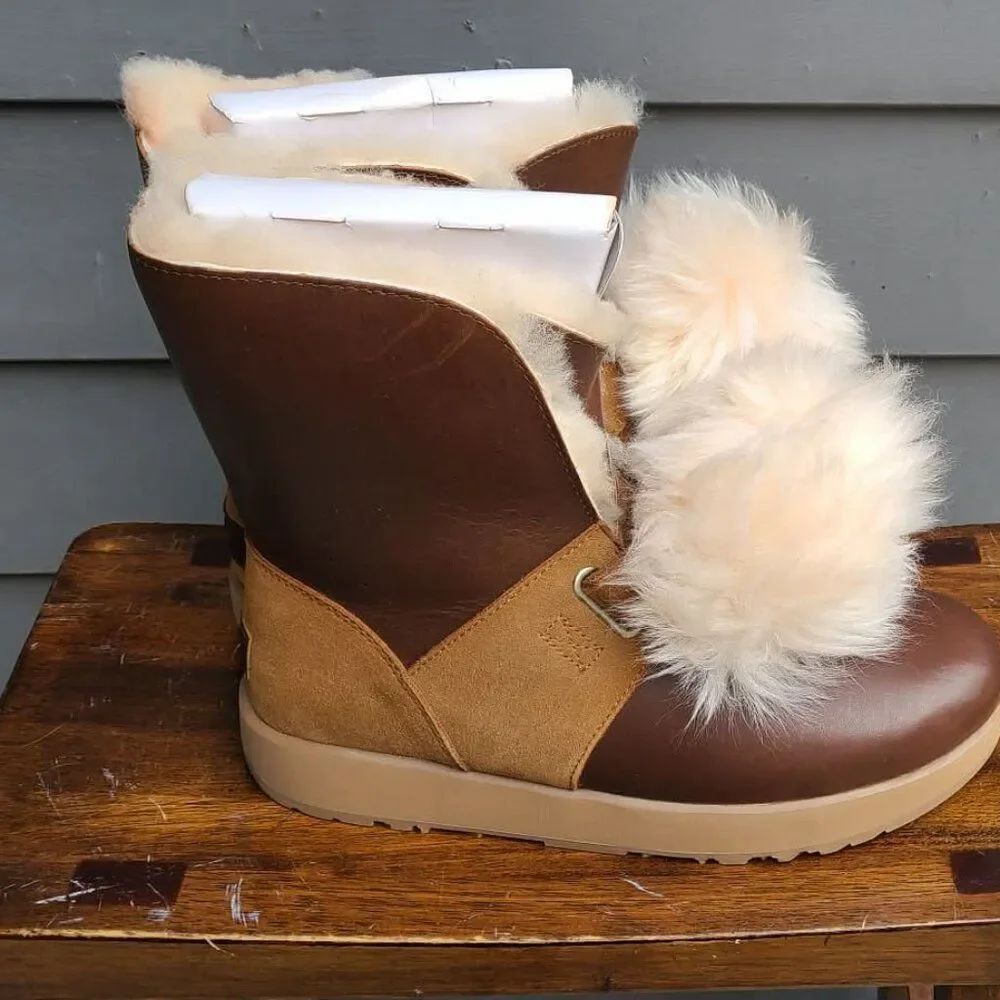 UGG Isley Brown Leather Chestnut Suede Waterproof Boots with Pom Pom size 9 1/2 - Picture 10 of 14